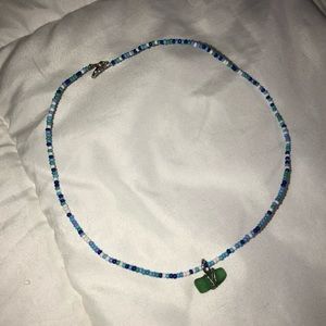 Beaded Blue Tones Choker with Wrapped Seaglass